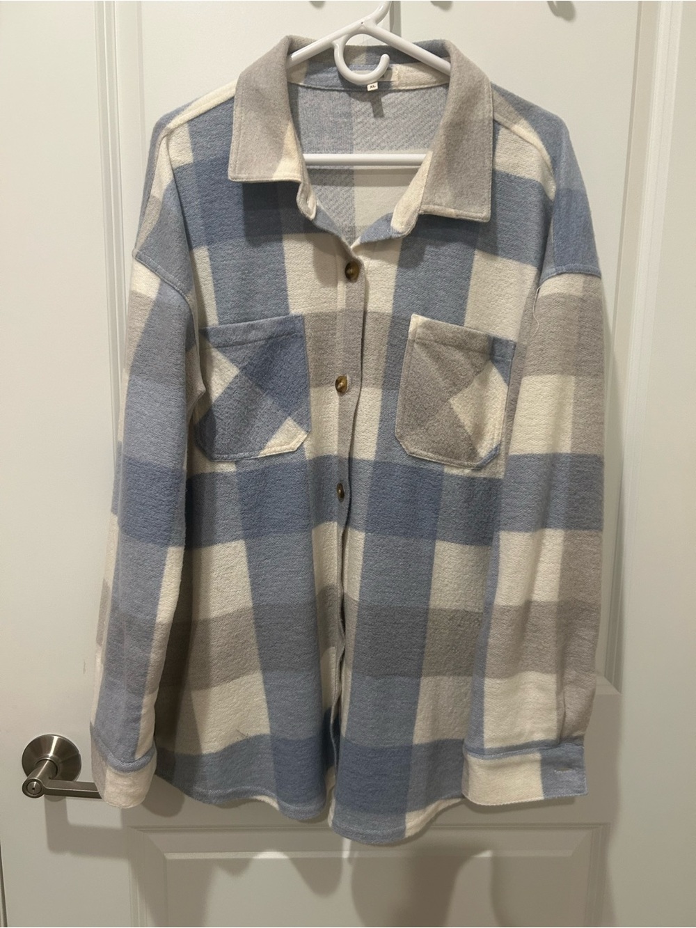 Maurice’s Plaid Button-Front Shacket in Blue and Cream